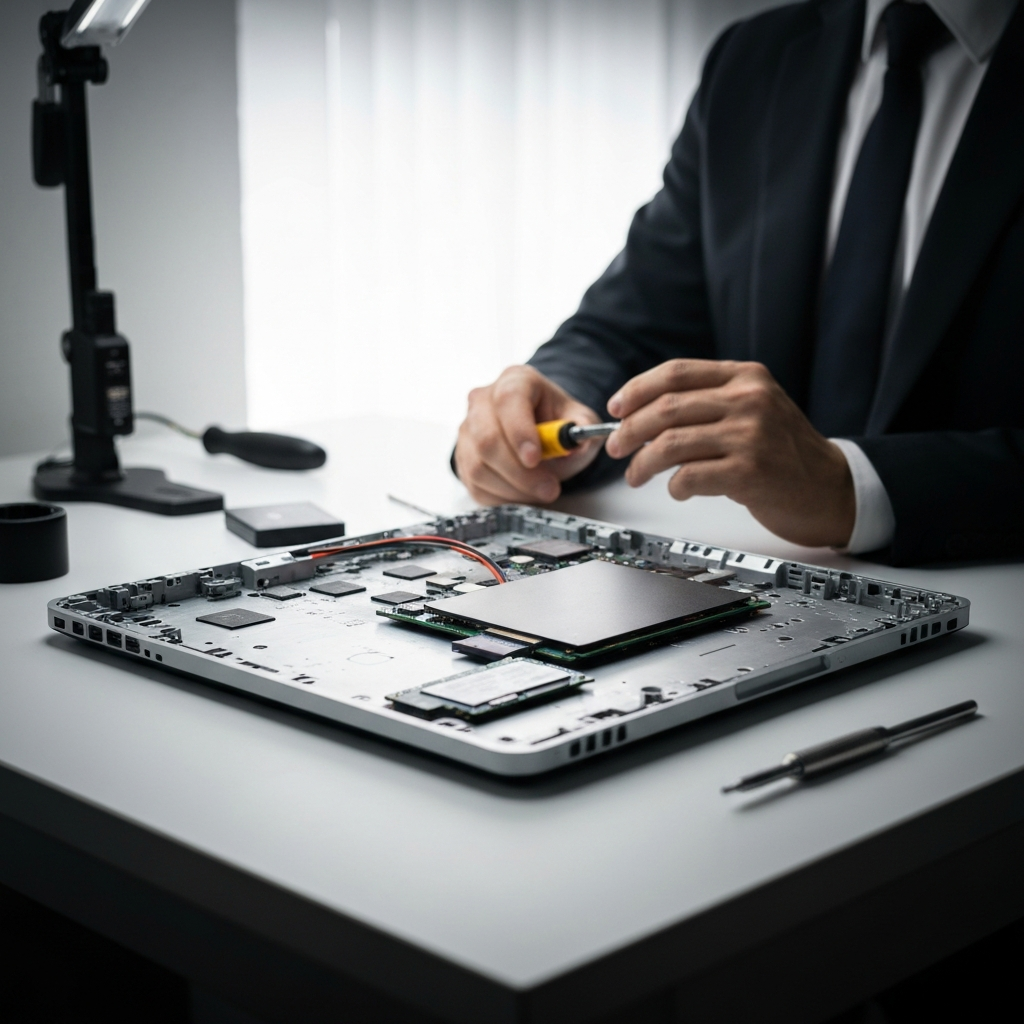 A disassembled laptop on a clean workbench, lit by bright, diffused light. An SSD is connected via a SATA cable, with tools neatly organized nearby. The focus is on the SSD and the open laptop chassis, conveying a sense of precision and technical expertise.