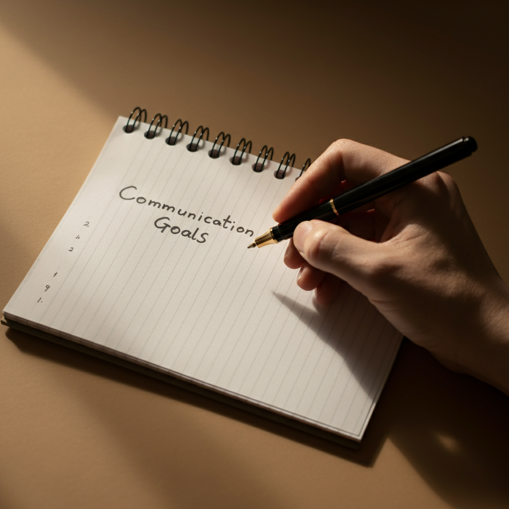 A single hand holding a pen, hovering over a notepad with the words "Communication Goals" written at the top. The background is blurred, creating a soft bokeh effect. Warm, diffused lighting emphasizing the tactile quality of the paper.
