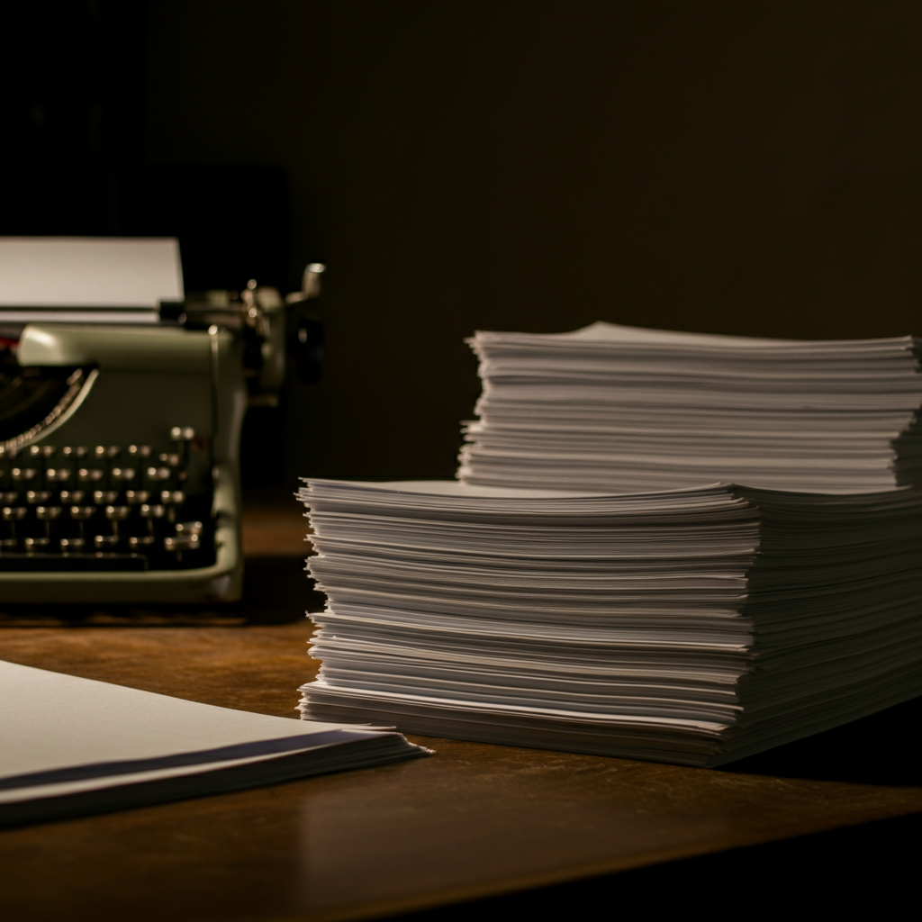 A stack of neatly organized papers on a wooden desk, with a vintage typewriter in the background. The lighting is soft and warm, highlighting the grain of the wood and the texture of the paper. The scene evokes a sense of careful craftsmanship.