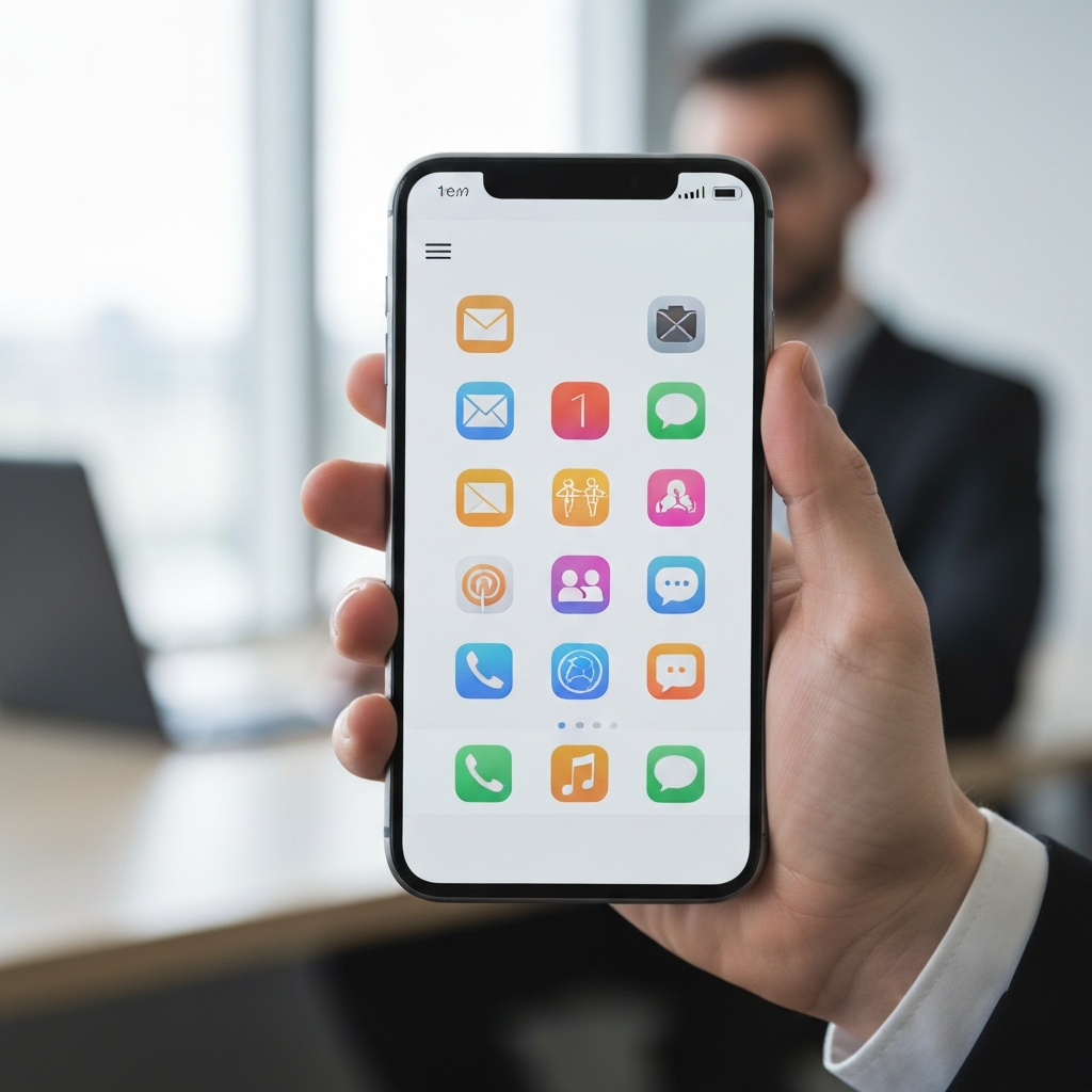 A hand holding a smartphone, displaying a variety of communication apps icons: email, social media, messaging. The background is a blurred office environment. Soft, even lighting ensuring clarity and focus on the phone screen.