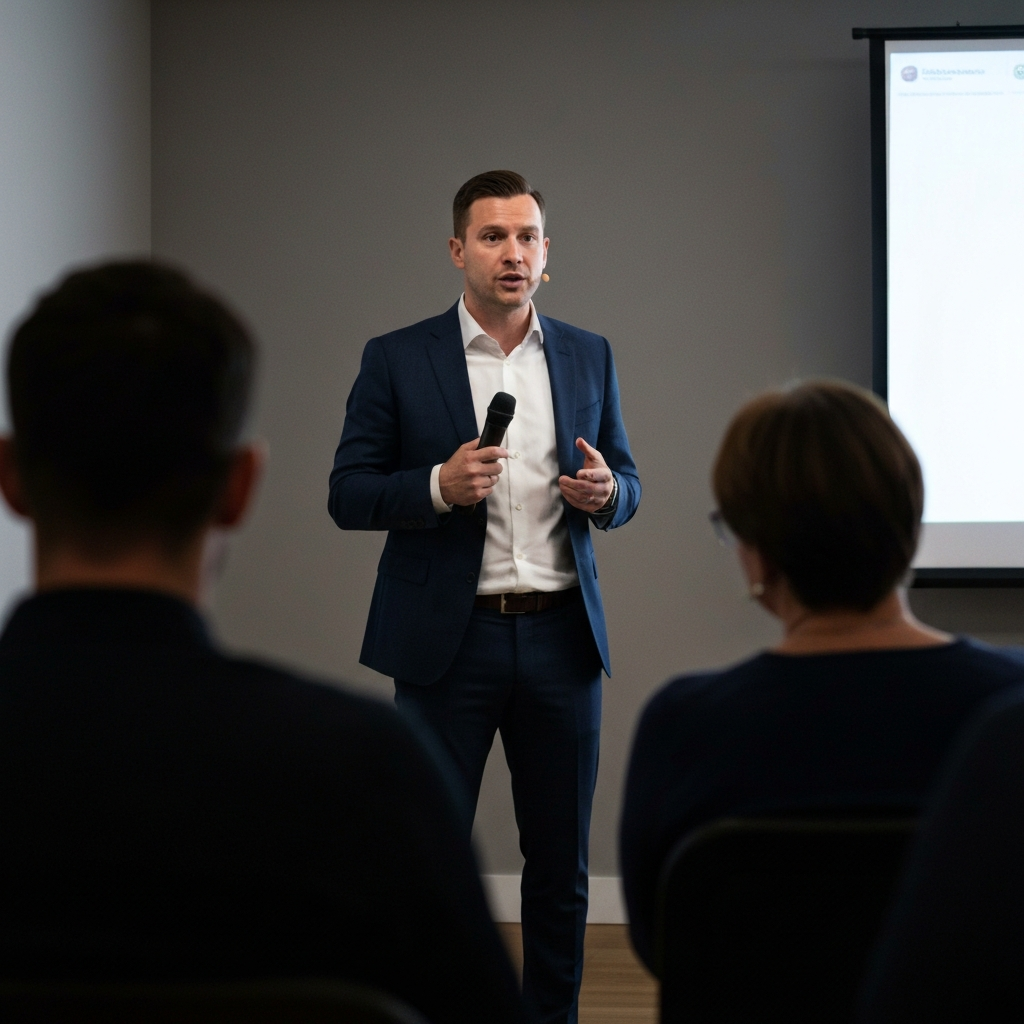 A person giving a presentation to a small audience. The speaker is dressed professionally and making eye contact. The lighting is bright and focused on the speaker, creating a sense of authority and engagement.