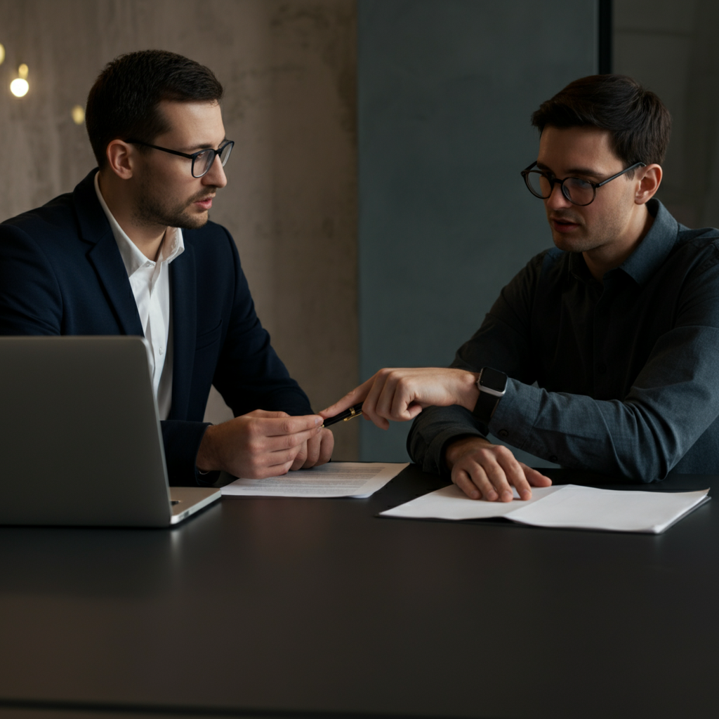 Two colleagues sitting across from each other at a table, reviewing a document. One is pointing to the document while the other is listening attentively. Soft, diffused lighting emphasizing the collaborative atmosphere.