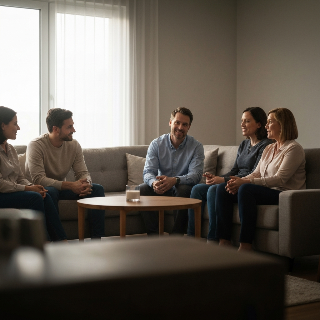 A warmly lit living room. A family of four sits comfortably on a sofa and chairs, engaged in a conversation. The lighting is soft and inviting, casting gentle shadows. The adults are actively listening to a child speaking, with genuine expressions of interest on their faces.