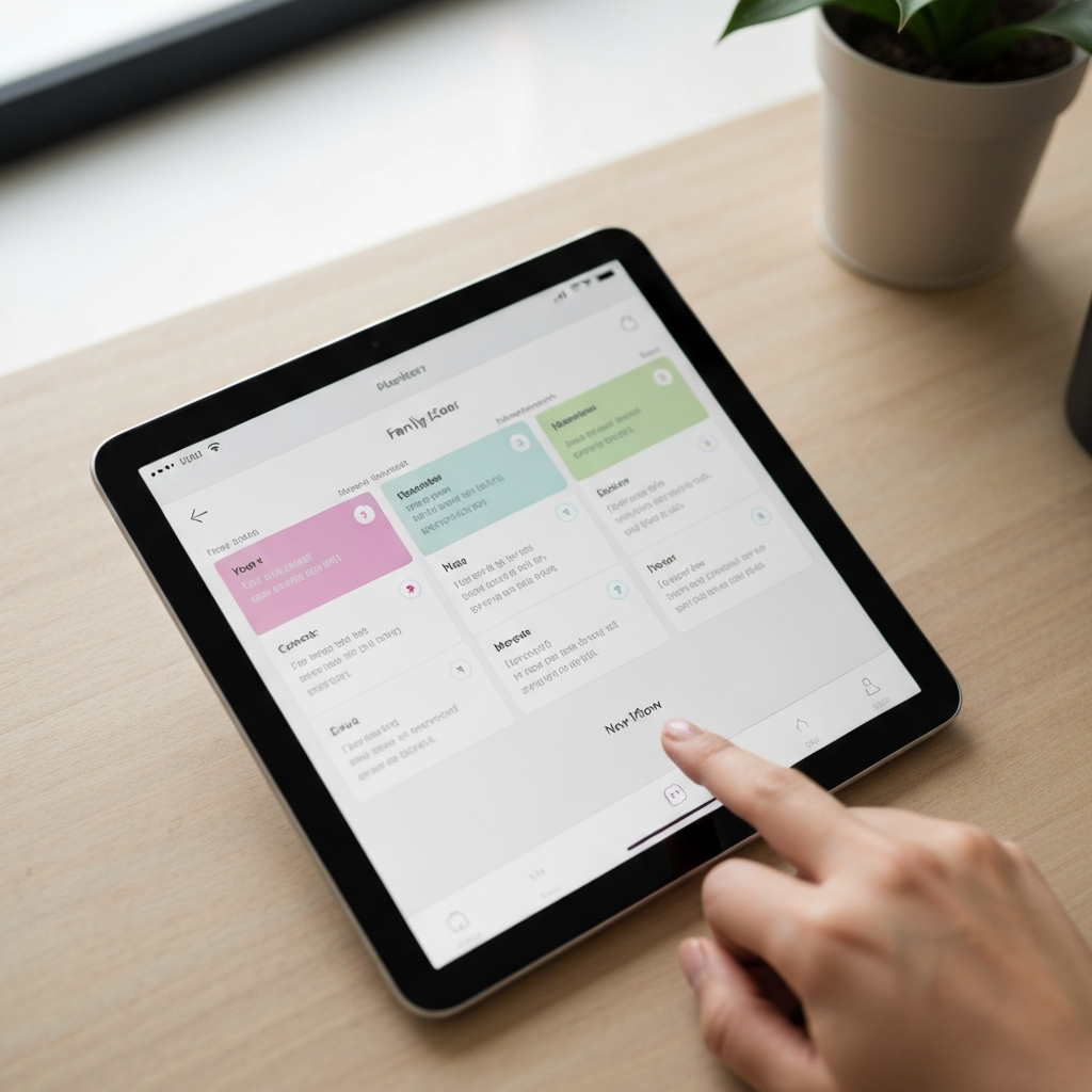 Close-up shot of a digital tablet displaying a family calendar app. The screen is well-organized, with color-coded events and clear descriptions. A hand is gently tapping the screen to add a new appointment.