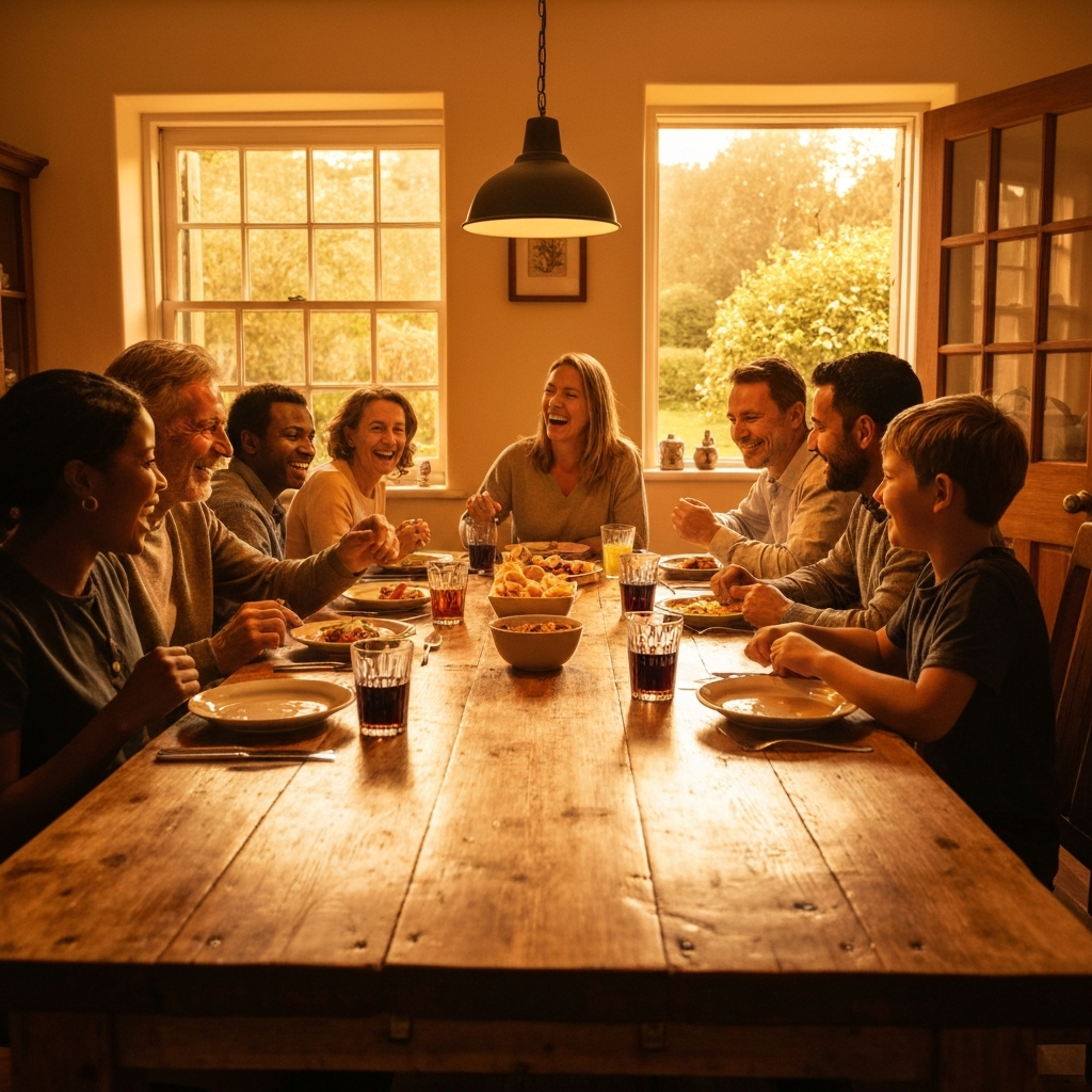 A dining room bathed in the warm glow of golden hour lighting. A family is gathered around a table, sharing a meal. Laughter and conversation fill the air, creating a sense of intimacy and connection.