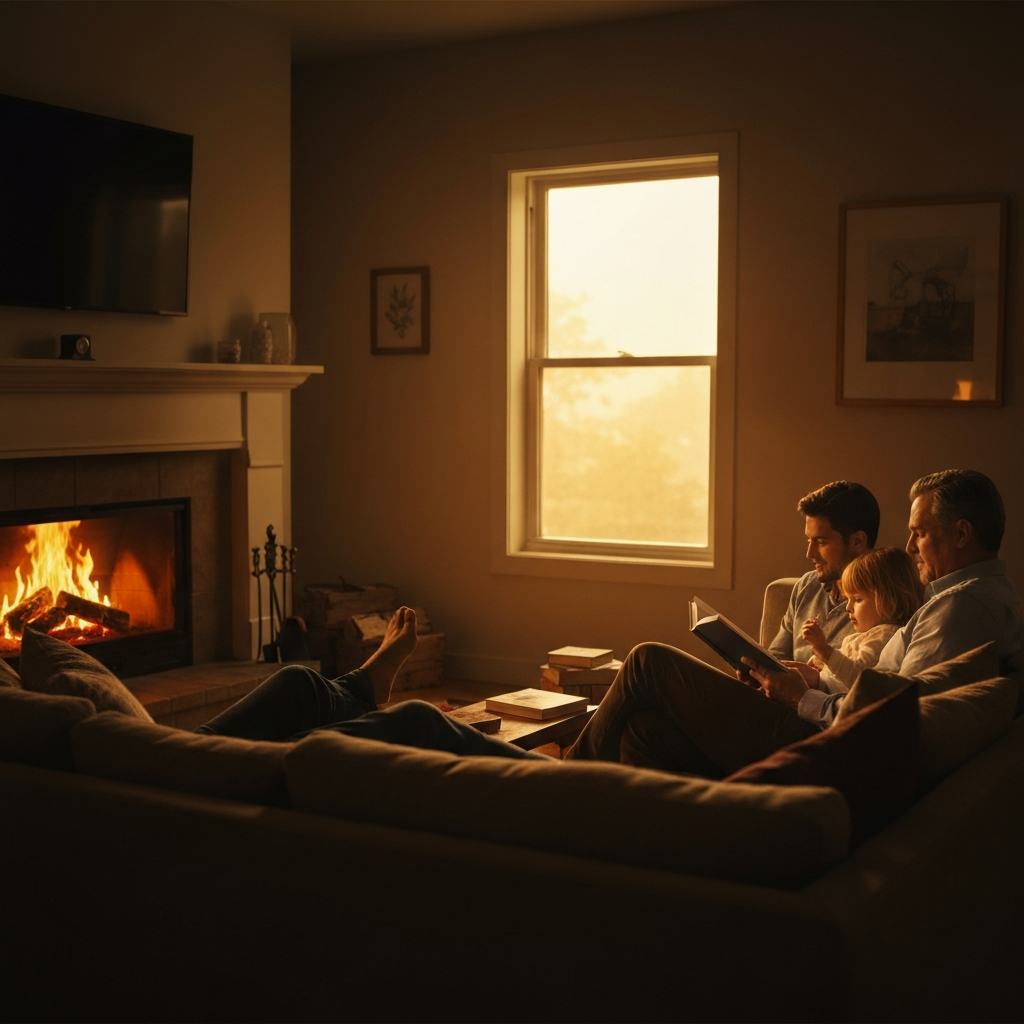 A cozy living room with a crackling fireplace. A family is huddled together on a sofa, reading books and enjoying each other's company. The scene is bathed in warm, inviting light, creating a sense of comfort and security.
