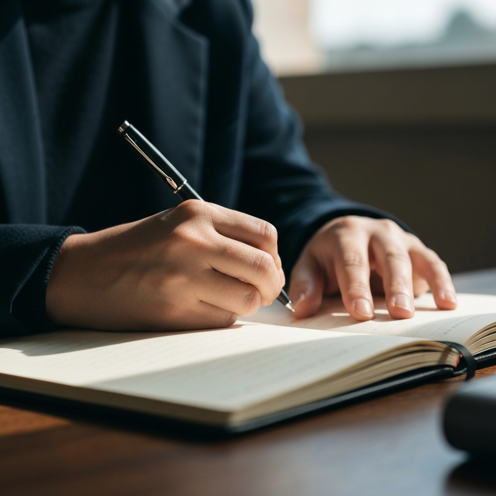 Close-up shot of a person's hands writing in a journal with a pen. Soft natural light streams in from a window, illuminating the textured paper. The background is blurred, suggesting a quiet and contemplative space.