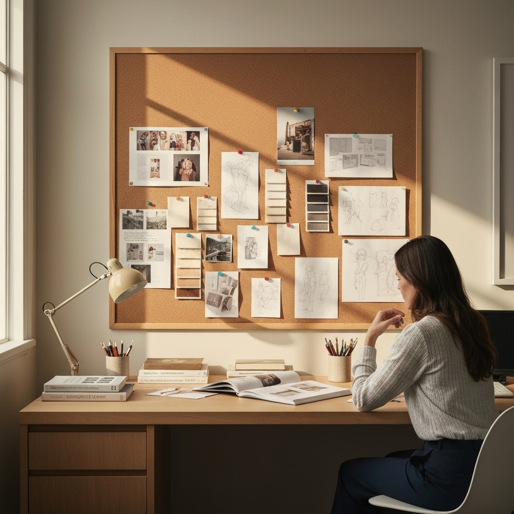 A well-organized desk with a corkboard covered in inspirational images, fabric swatches, and sketches. Warm, diffused light fills the room. The desk is cluttered but aesthetically pleasing, with design books and art supplies visible.