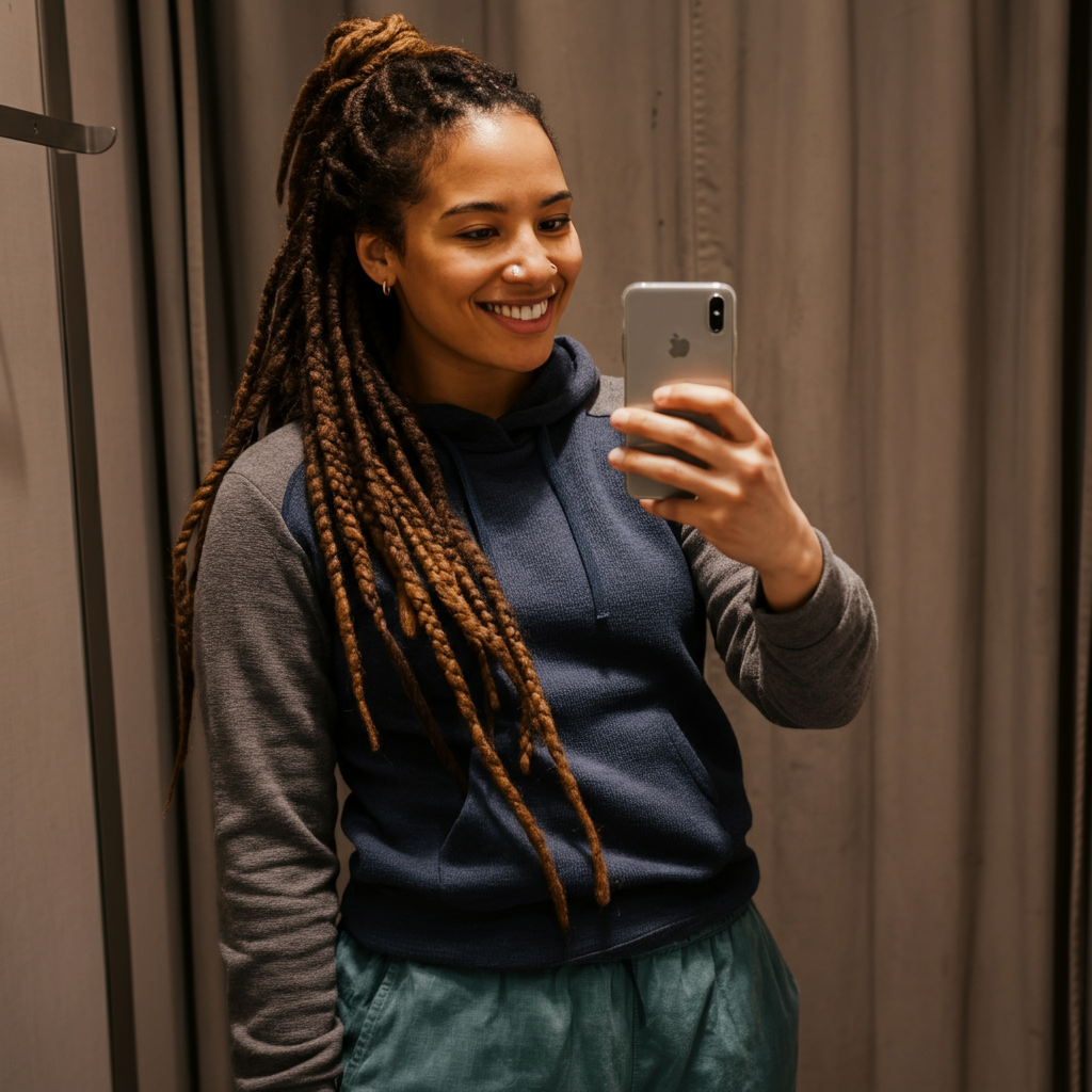 A person in a fitting room, smiling and taking a selfie in a new outfit. The lighting is bright and even, showcasing the details of the clothing and the person's confident expression.
