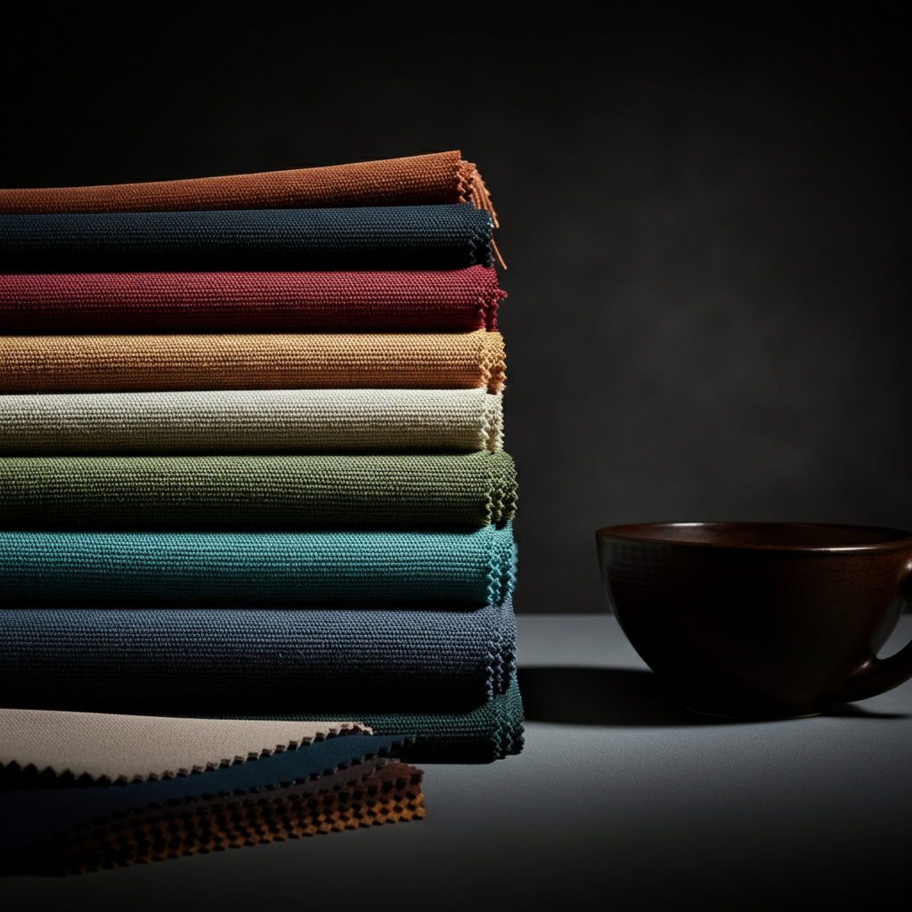 A collection of colorful fabric swatches arranged neatly on a table. The lighting is natural and vibrant, highlighting the textures and hues of the different materials.