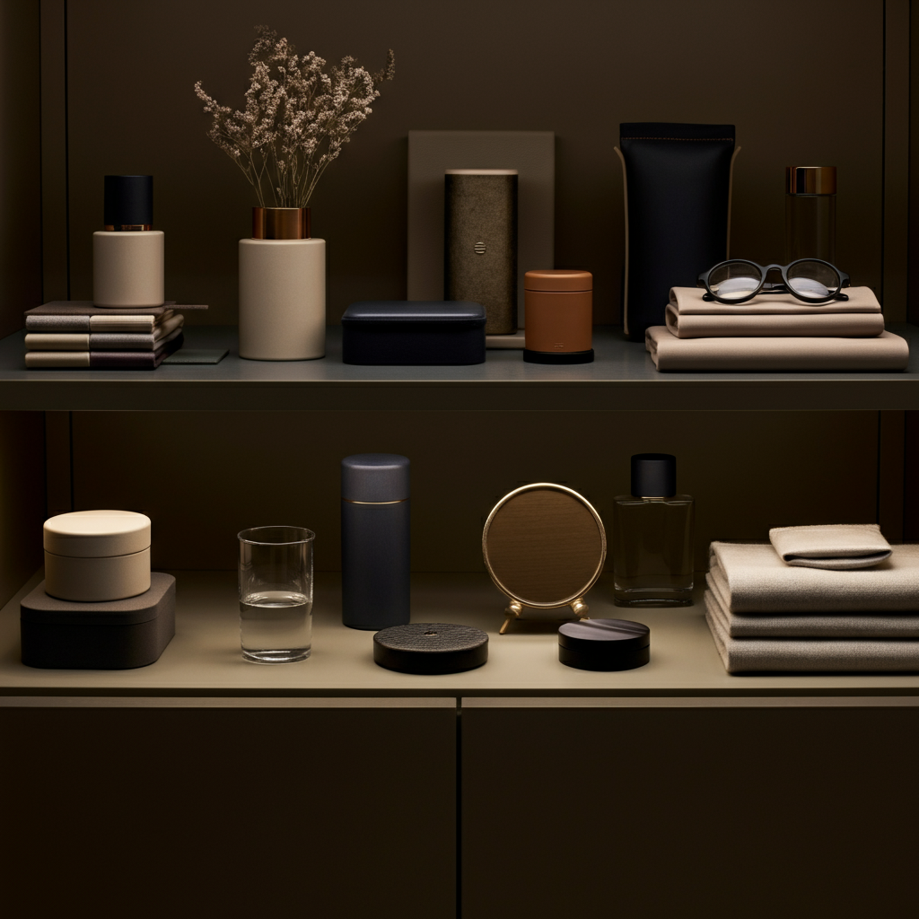 A curated collection of accessories displayed on a shelf or in a drawer. The items are arranged aesthetically, with a mix of textures, colors, and materials. Soft lighting enhances the details of each piece.