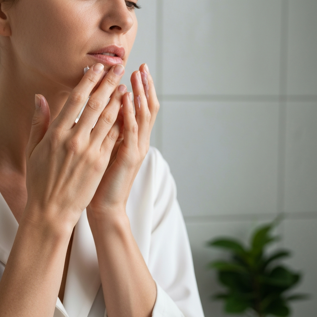 A person applying moisturizer to their face in a well-lit bathroom. The focus is on their hands and the texture of their skin. The background is clean and minimalist, with a hint of greenery.