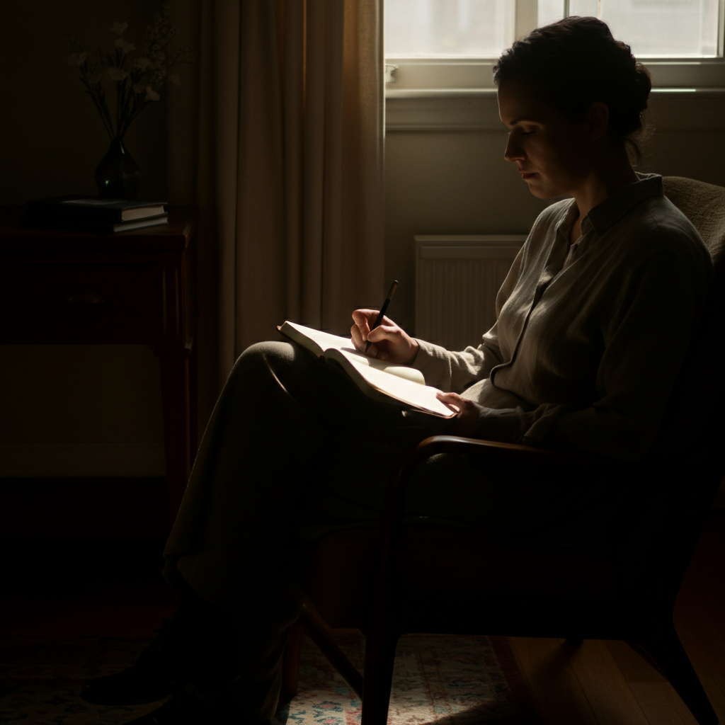 A person sitting alone in a quiet room, journaling in a leather-bound notebook. Soft, natural light filters through a window, casting long shadows. The room is sparsely furnished with a comfortable chair, a small table, and a few books.