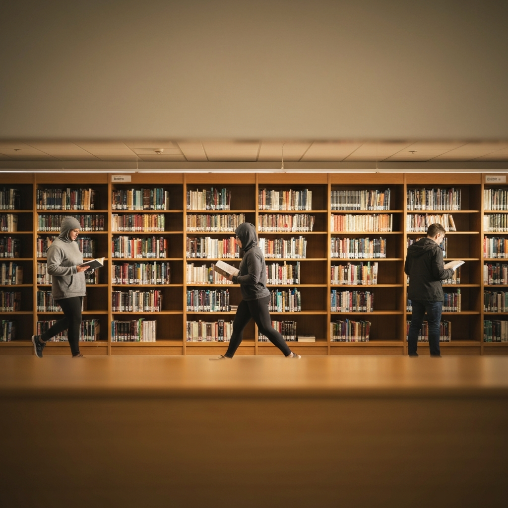 A wide shot of a library with shelves filled with books on various religions and spiritual traditions. The lighting is soft and diffused, creating a peaceful and contemplative atmosphere. Several people are browsing the shelves, engrossed in their reading.