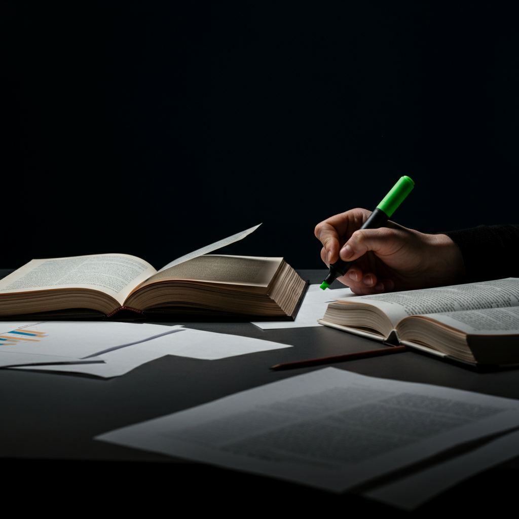 A person sitting at a desk, surrounded by books and papers. They are using a highlighter to mark important passages in a text. The lighting is bright and focused, emphasizing the act of careful study and analysis.