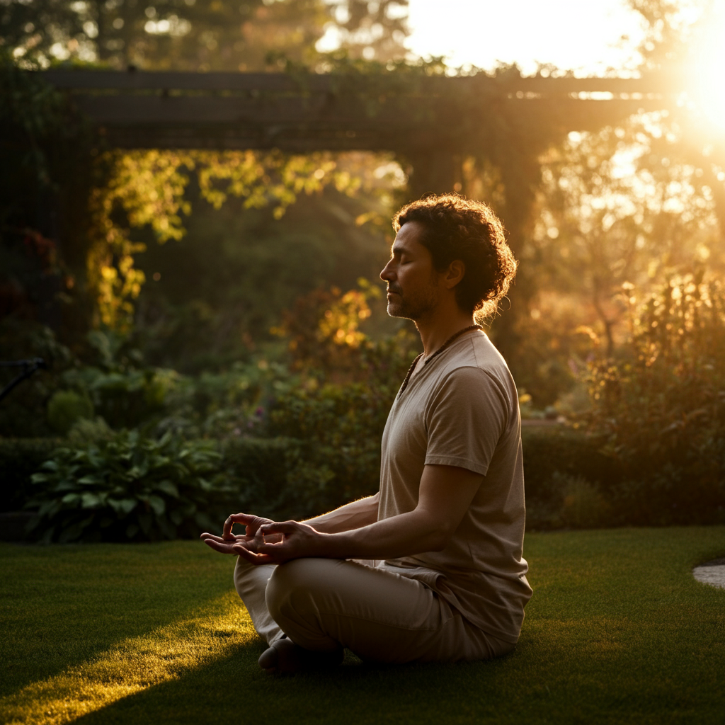 A person sitting in a meditative pose outdoors in a garden. The sun is rising, casting a warm glow on the scene. The person's face is serene and peaceful.