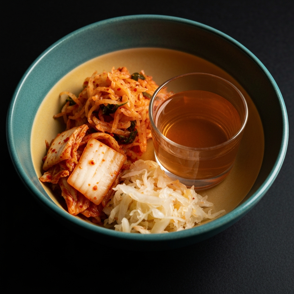 Close-up of a colorful bowl containing kimchi, sauerkraut, and a small glass of kombucha, all naturally lit with soft shadows highlighting the textures of the fermented vegetables.