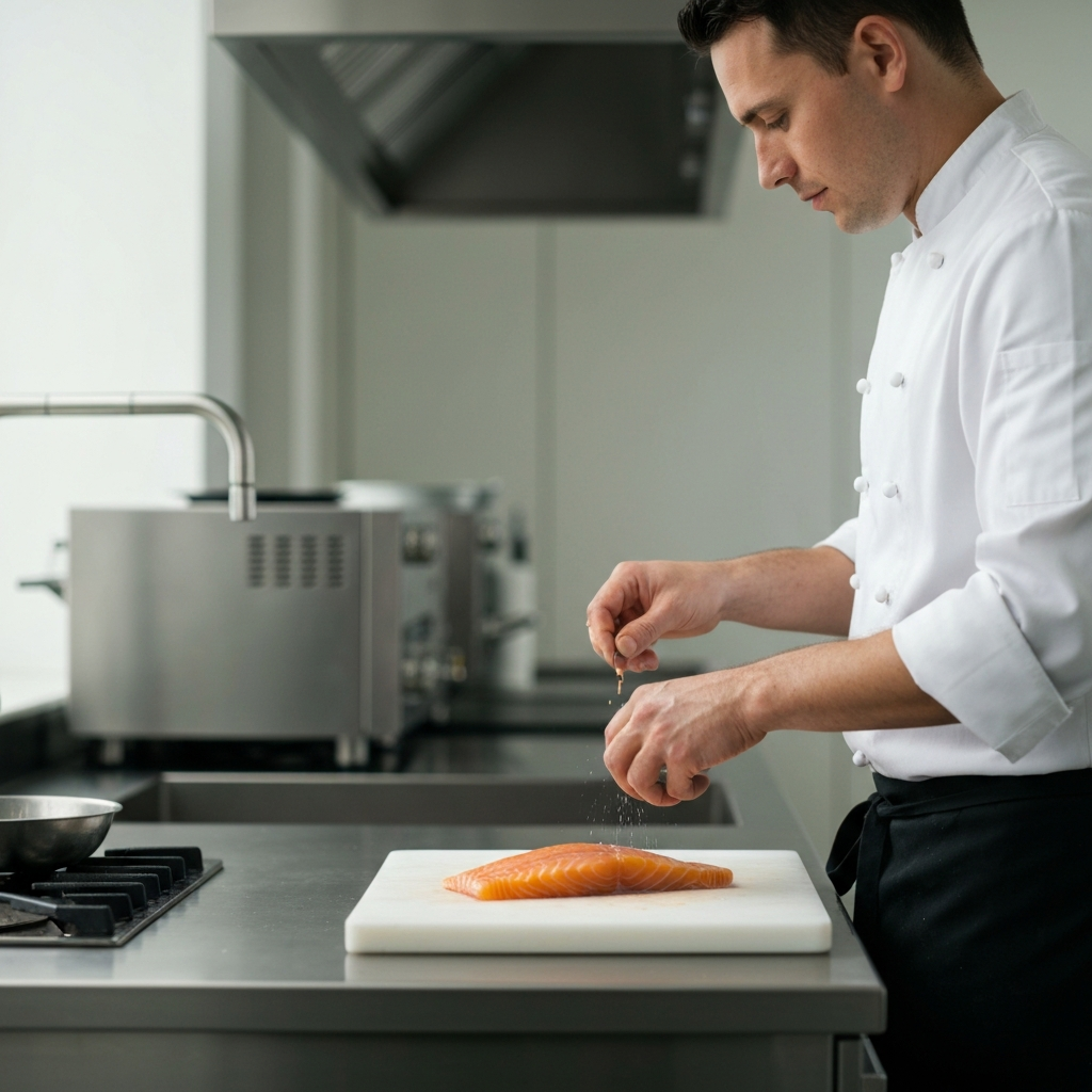 A chef in a brightly lit, modern kitchen preparing a salmon fillet. The focus is on the hands expertly seasoning the fish, with stainless steel appliances blurred in the background.