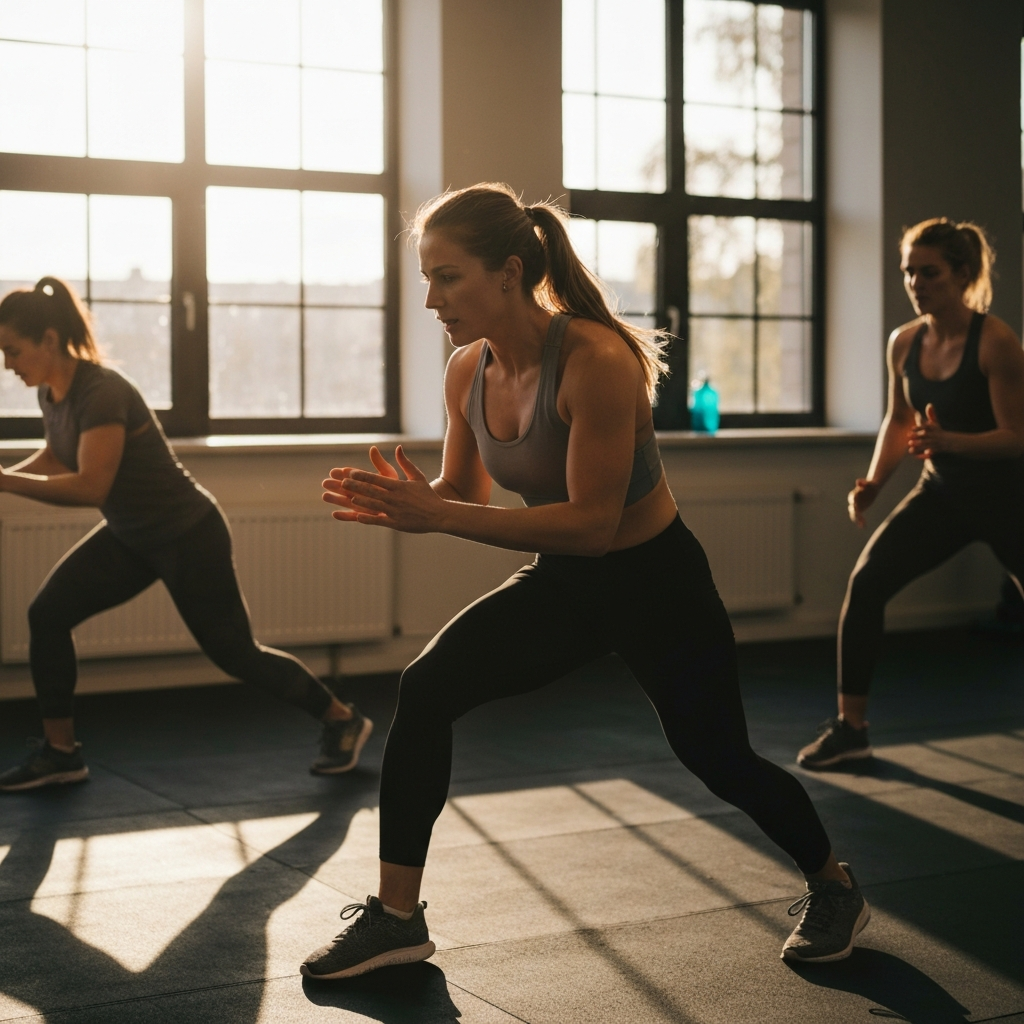 A fitness studio with natural light streaming through large windows. A group of people in athletic wear are engaged in a HIIT workout, focusing on the exertion on their faces.