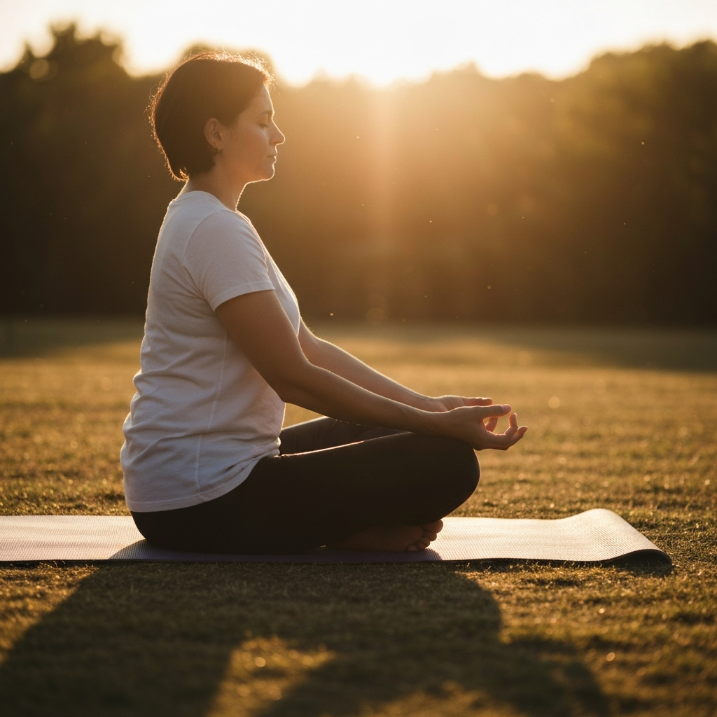 A person sitting in a cross-legged position on a yoga mat outdoors, practicing mindfulness meditation. Golden hour lighting creates a warm, peaceful atmosphere.