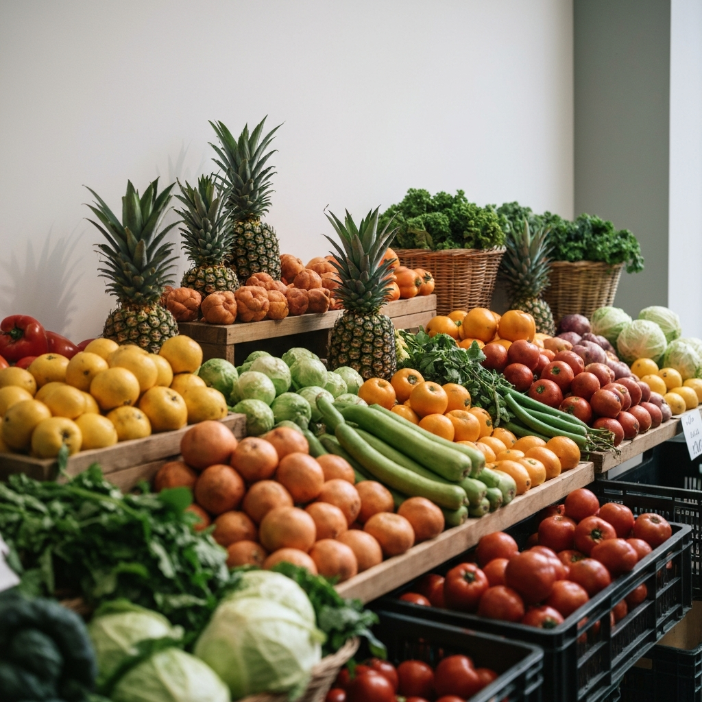 A beautifully arranged farmers market stall overflowing with fresh fruits and vegetables. Soft focus on the variety of colors and textures.
