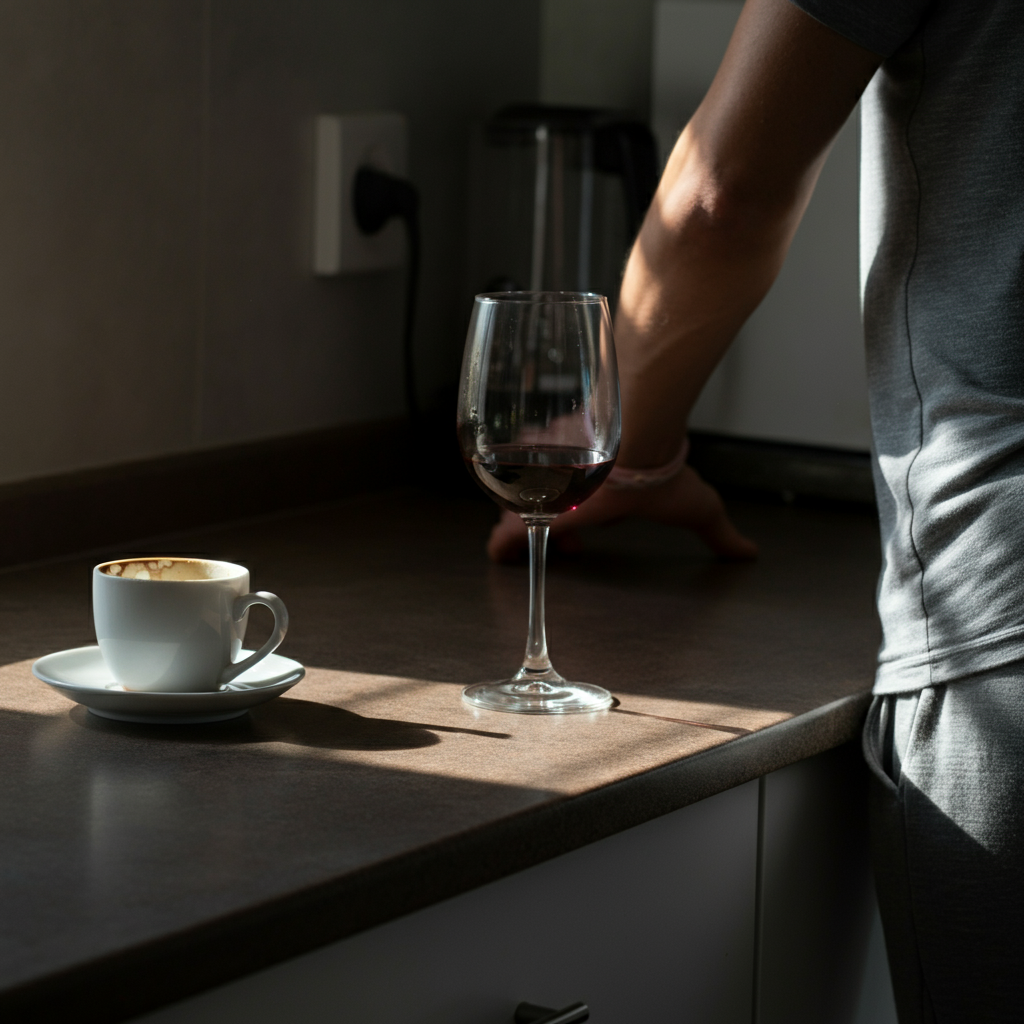 A kitchen counter with an empty wine glass and a nearly-empty cup of coffee on it, illuminated by soft morning light, implying a deliberate choice for a healthier lifestyle.