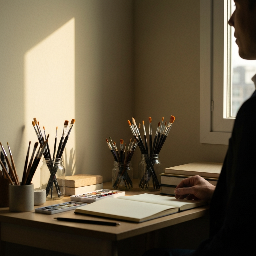 A brightly lit corner of a room with a small desk. The desk is organized with various art supplies: paintbrushes in a jar, a sketchbook, and a small palette. Natural light streams in from a nearby window, casting soft shadows on the objects.