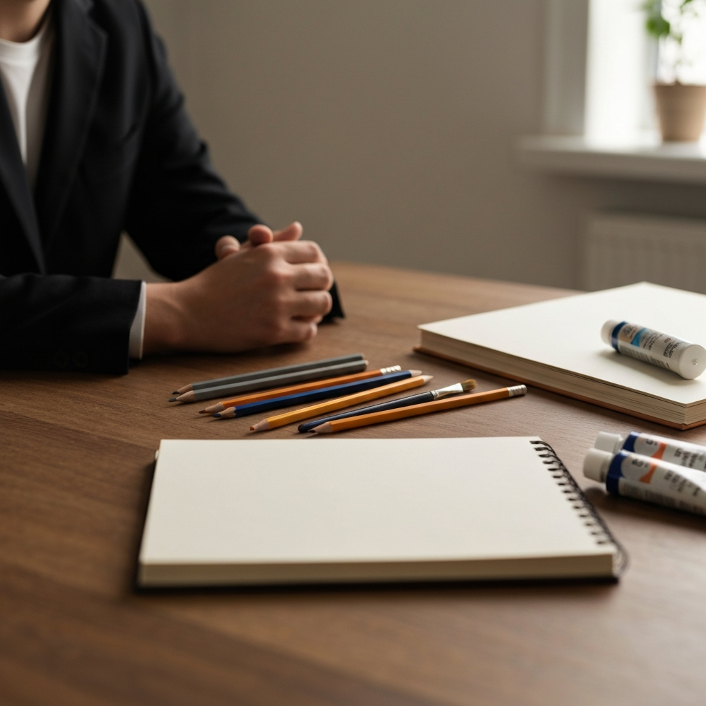 A close-up shot of a variety of art supplies arranged on a wooden table. There are pencils, paintbrushes, tubes of acrylic paint, and a sketchbook. The lighting is warm and emphasizes the textures of the materials.