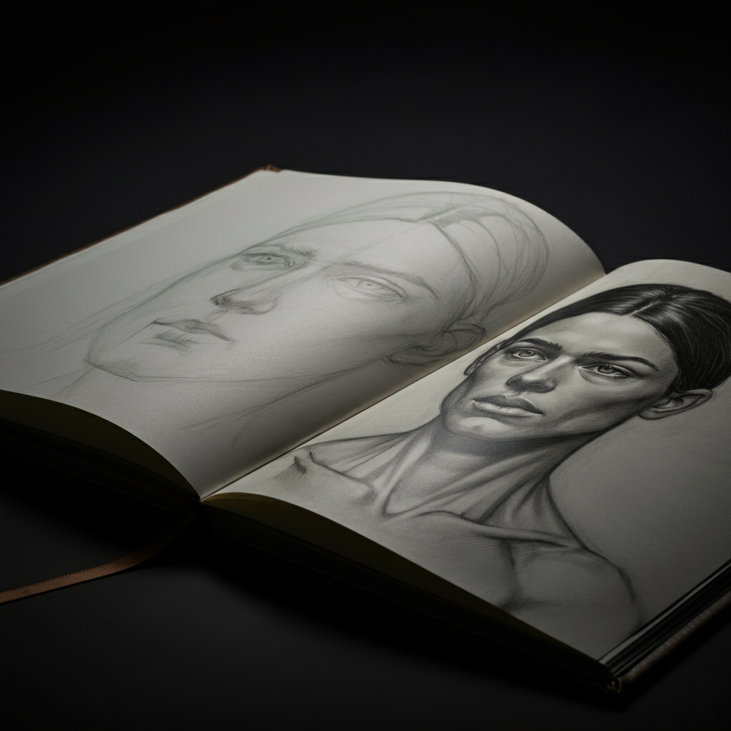 A page in a sketchbook filled with various drawing exercises. There are examples of shading, cross-hatching, and simple perspective drawings. The lighting is soft and focused on the page.