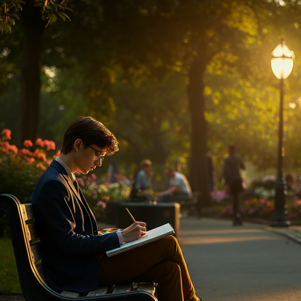 A young artist sitting on a park bench, sketching in a notebook. In the background, there are trees, flowers, and other people enjoying the park. The lighting is golden hour, casting a warm glow over the scene.