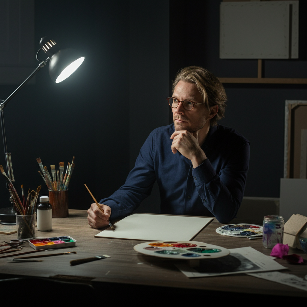 An artist sitting at a desk, looking thoughtfully at a blank canvas. There are various art supplies scattered around the desk, but the artist is not actively working. The lighting is soft and muted, conveying a sense of quiet contemplation.