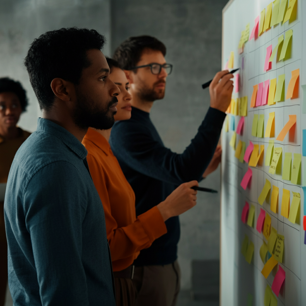 A diverse group of people in a brightly lit co-working space, several looking intently at a whiteboard covered in colorful sticky notes. The image emphasizes collaboration and diverse perspectives, captured with a shallow depth of field focusing on the foreground faces.