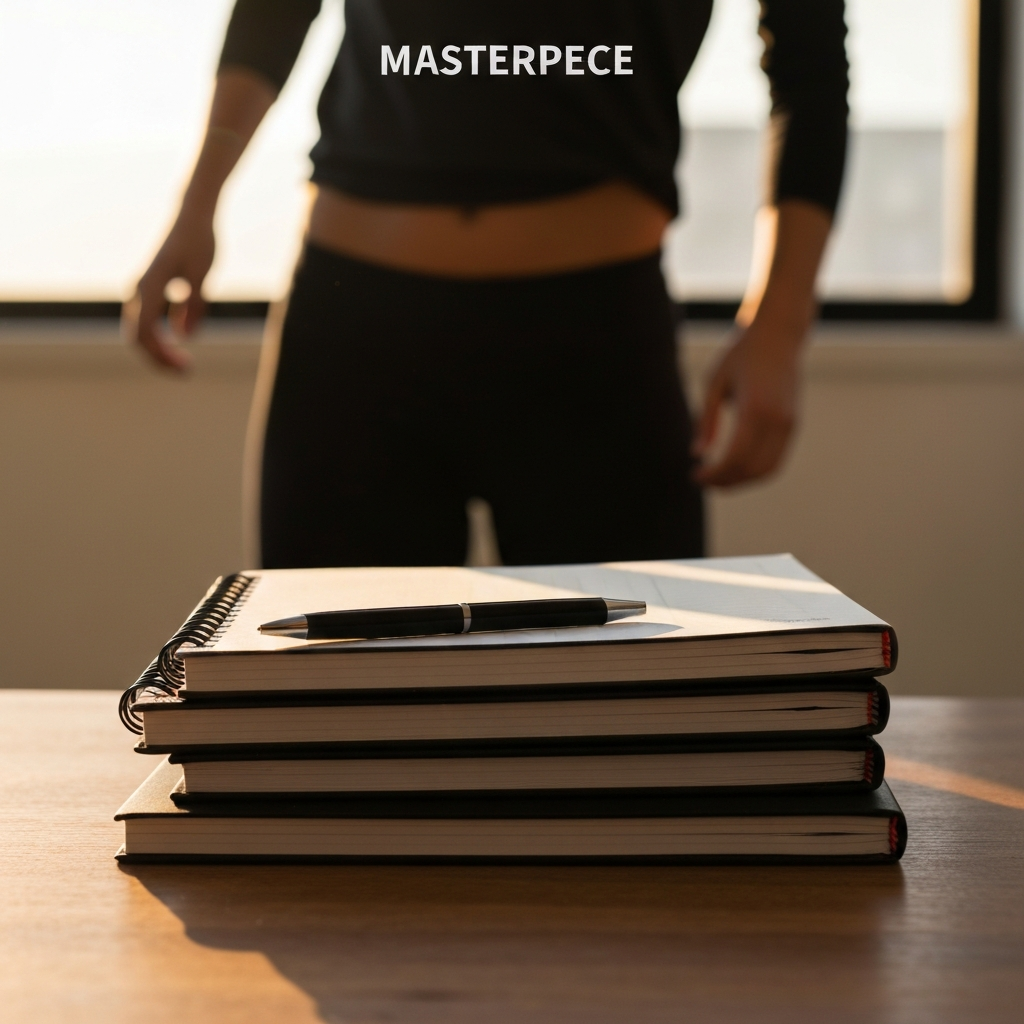 A side-lit shot of a stack of neatly organized notebooks and a pen on a wooden desk. The light catches the edges of the notebooks, creating a sense of order and preparedness.