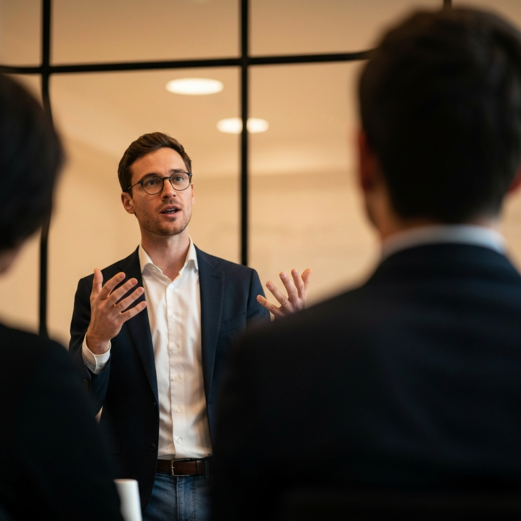 A warmly lit conference room with a person giving a presentation. The focus is on their expressive hand gestures and engaging eye contact with the audience. Soft bokeh in the background blurs the faces of the listeners.