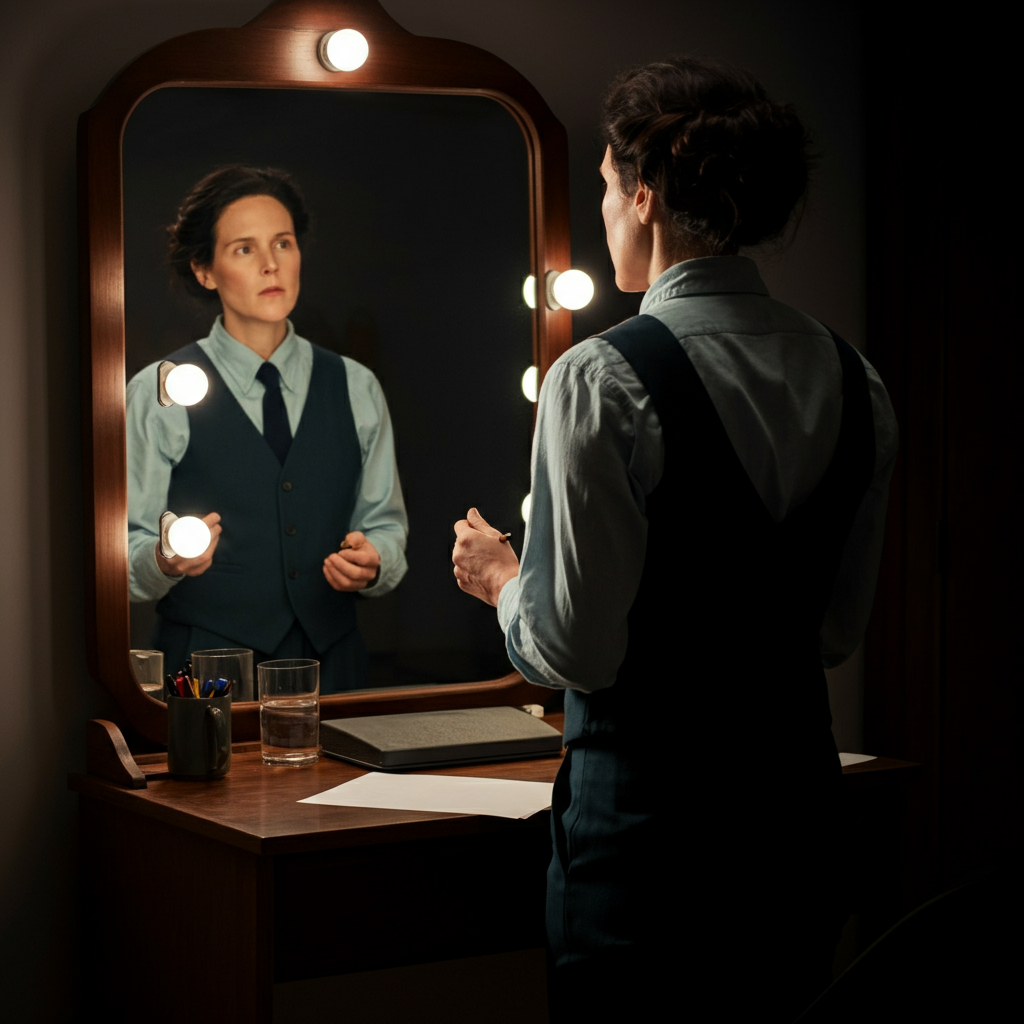 A person standing in front of a mirror, practicing a presentation. The lighting is diffused and even, highlighting their focused expression. The background is simple and uncluttered, emphasizing their preparation.