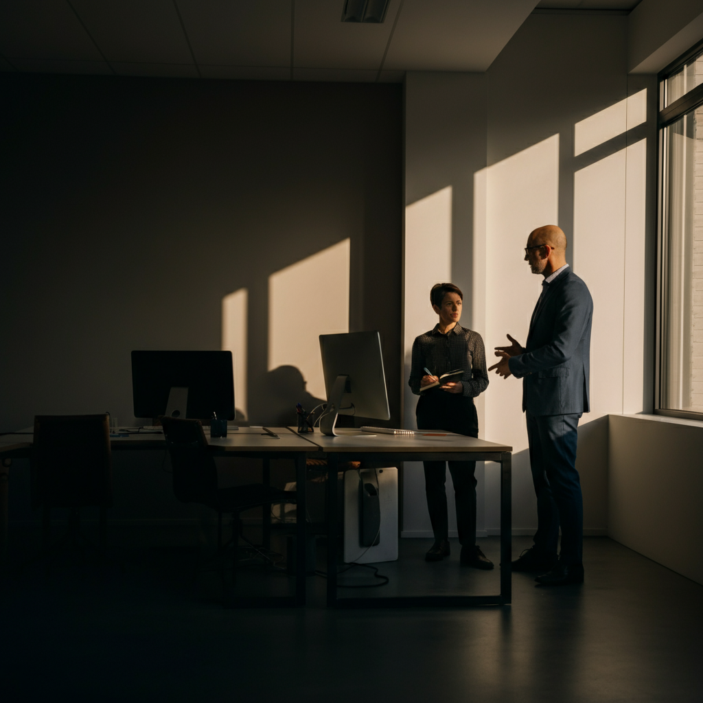 Two people having a constructive conversation in an office setting. One person is taking notes while the other is speaking. Natural light streams through the window, creating a warm and inviting atmosphere. The scene focuses on active listening and collaborative feedback.