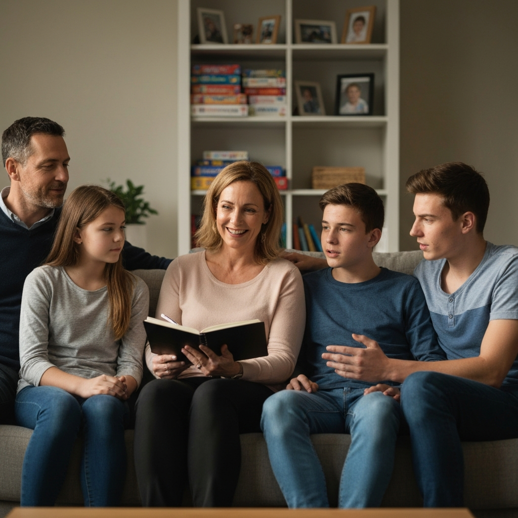 A family of four seated comfortably on a living room sofa, bathed in the warm light of late afternoon. The mother holds a notebook and pen, smiling as she listens to her teenage son speak. The father and younger daughter look on attentively. Soft bokeh in the background reveals a bookshelf filled with games and family photos.