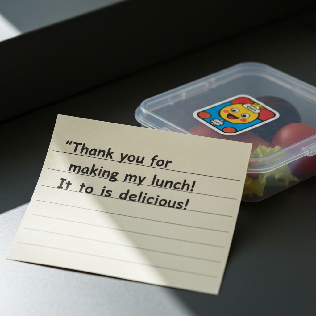 Close-up of a handwritten note that reads "Thank you for making my lunch! It was delicious!" The note is placed next to a lunchbox with a colourful cartoon sticker. Side-lit textures highlight the paper's weave and the plastic of the lunchbox.
