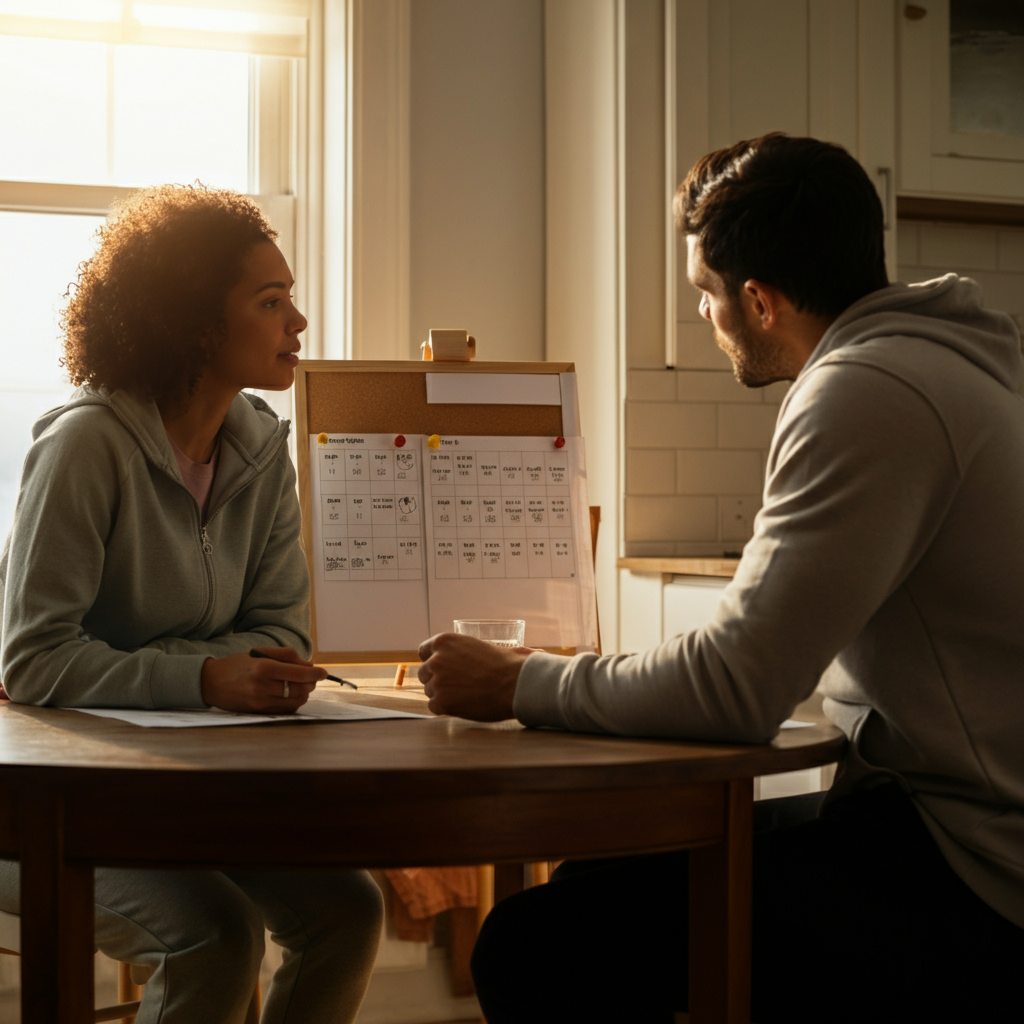A couple sitting at a kitchen table, reviewing a chore chart with gentle expressions. The chart is pinned to a corkboard with colorful pushpins. Natural light streams in through a nearby window, creating a bright and airy atmosphere.
