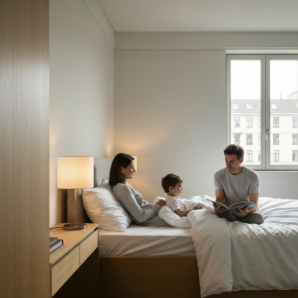 A softly lit bedroom with a child tucked into bed. A parent sits beside the bed, reading aloud from a storybook. A bedside lamp casts a warm glow, creating a calming and peaceful atmosphere.