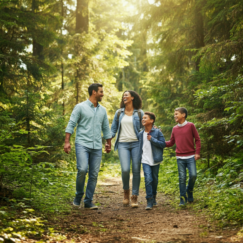 A family hiking through a forest trail, sunlight dappling through the leaves. They are laughing and talking, enjoying the natural surroundings. The composition focuses on their interaction and the beauty of the forest.