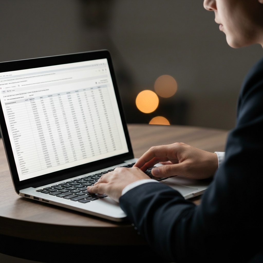 A person using a laptop with a spreadsheet showing financial data. Soft bokeh background with a focused light on the laptop screen and the person's hands. 