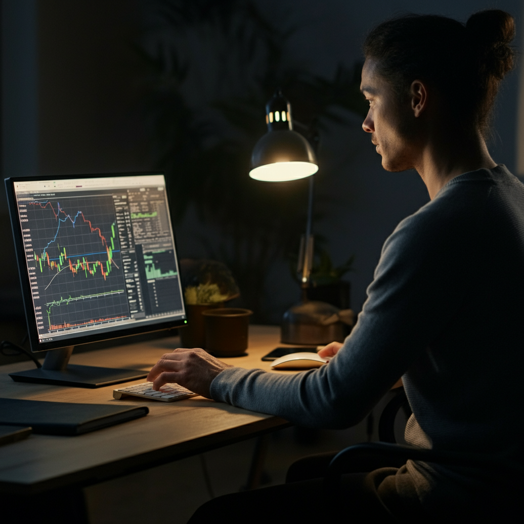A person in a well-lit home office, reviewing investment charts on a large monitor. Focused lighting on the monitor, with the person appearing professional and composed.
