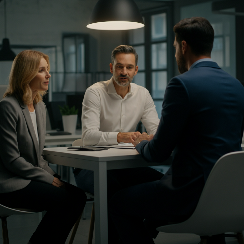 A financial planner meeting with a client in a bright, modern office. The focus is on their interaction, with soft, natural lighting.