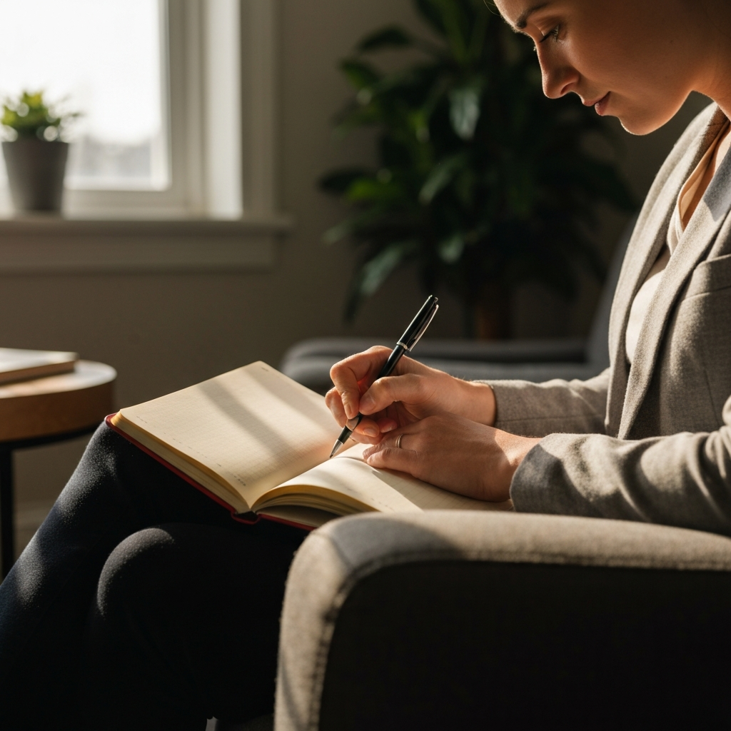 A person sitting comfortably in a well-lit living room, journaling with a pen and paper. Soft natural light streams through a nearby window, casting warm highlights on the paper's texture.
