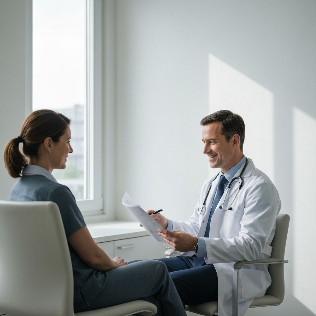 A doctor in a bright, clean medical office, reviewing a patient's chart. The doctor is smiling and engaged in conversation, bathed in soft, diffused light.