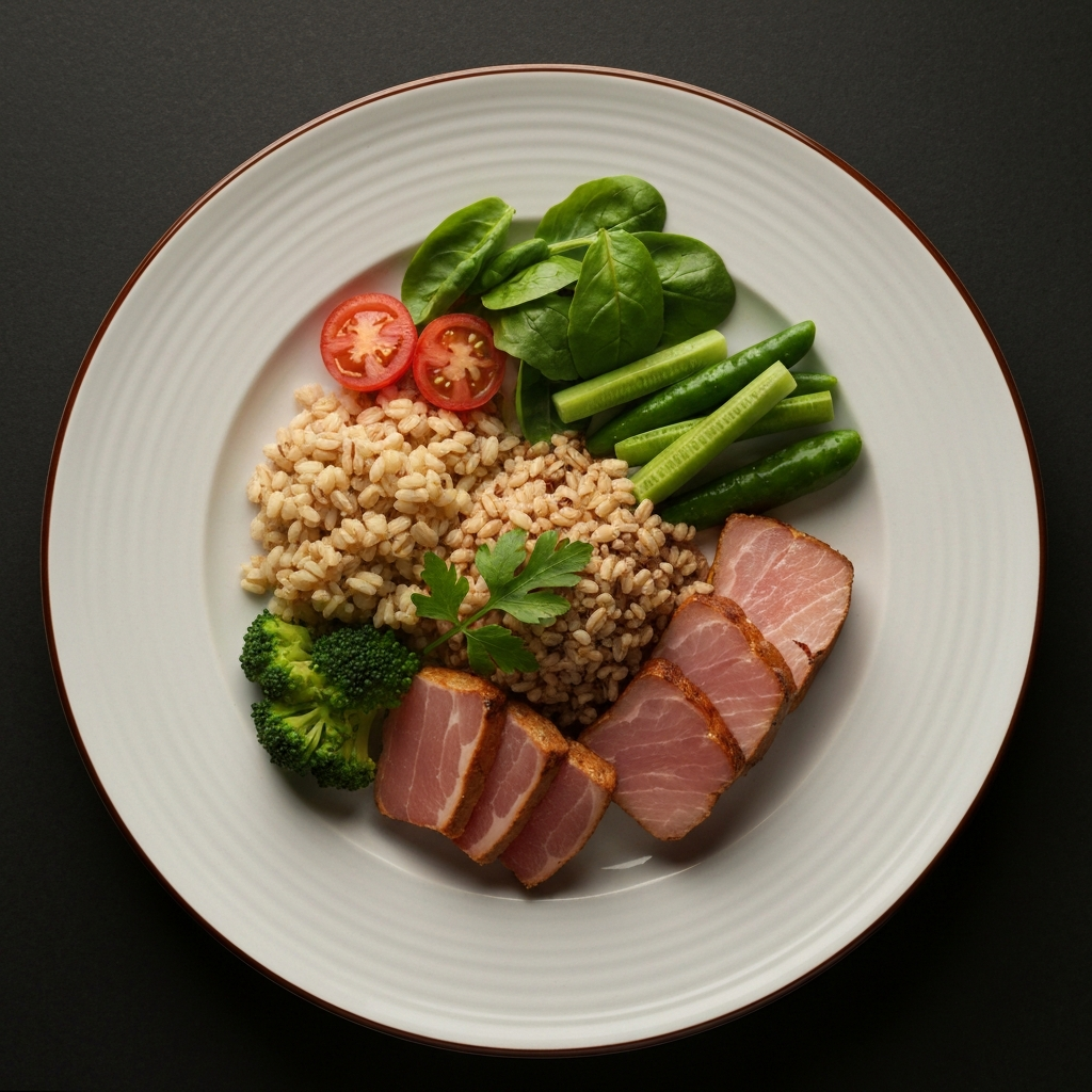 A beautifully arranged plate of food, showcasing fresh vegetables, lean protein, and whole grains. The lighting is warm and inviting, highlighting the vibrant colors and textures of the food.