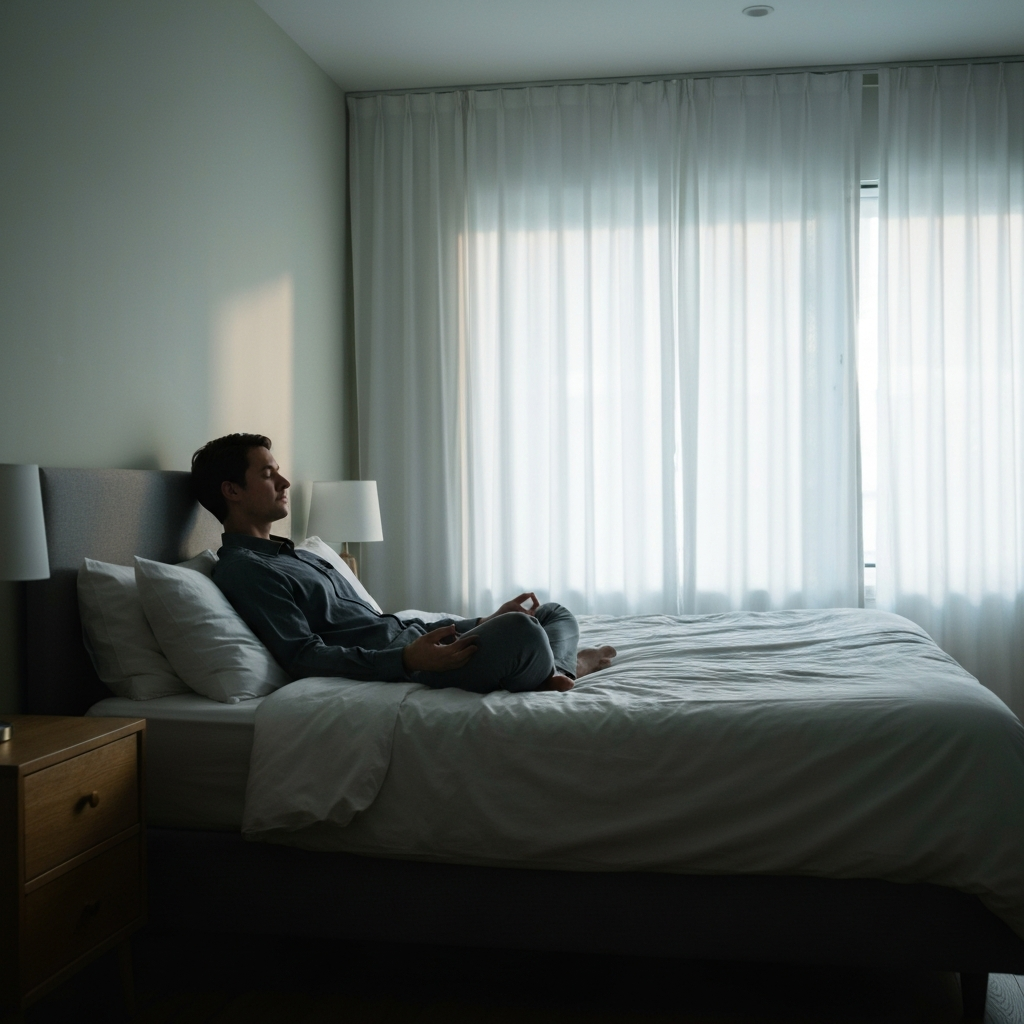 A bedroom with soft, diffused lighting. The bed is neatly made, and the room has a calming and relaxing atmosphere. Focus is on a person resting comfortably in a reclining position, potentially meditating.