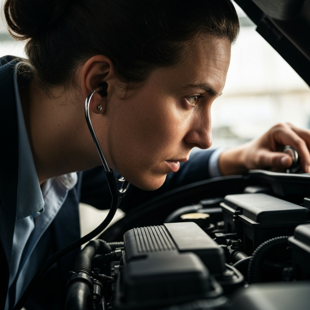 Close-up of a mechanic's ear, listening intently near a car engine, using a stethoscope. Soft, diffused light highlights the texture of the metal engine components.