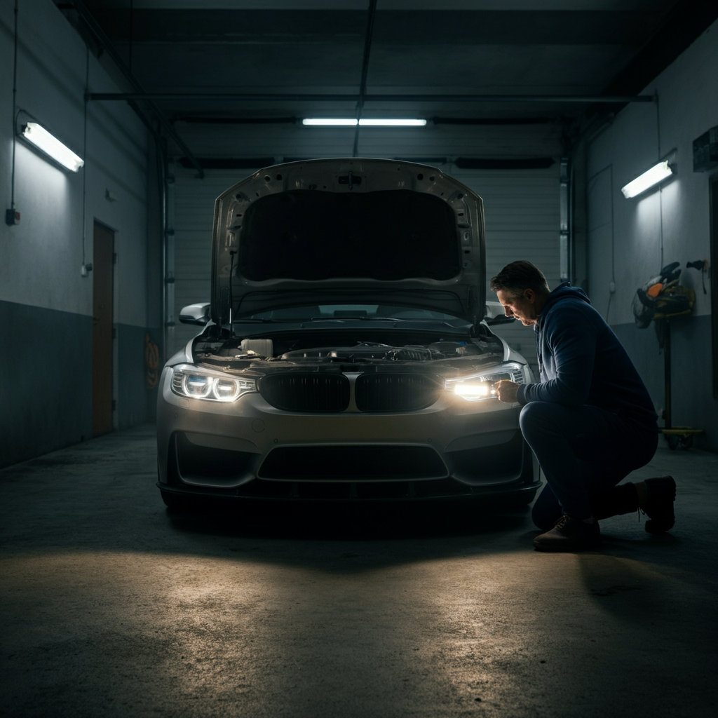 A car parked in a garage. A person is kneeling and looking under the front of the vehicle with a flashlight. The garage is well-lit with fluorescent lighting.